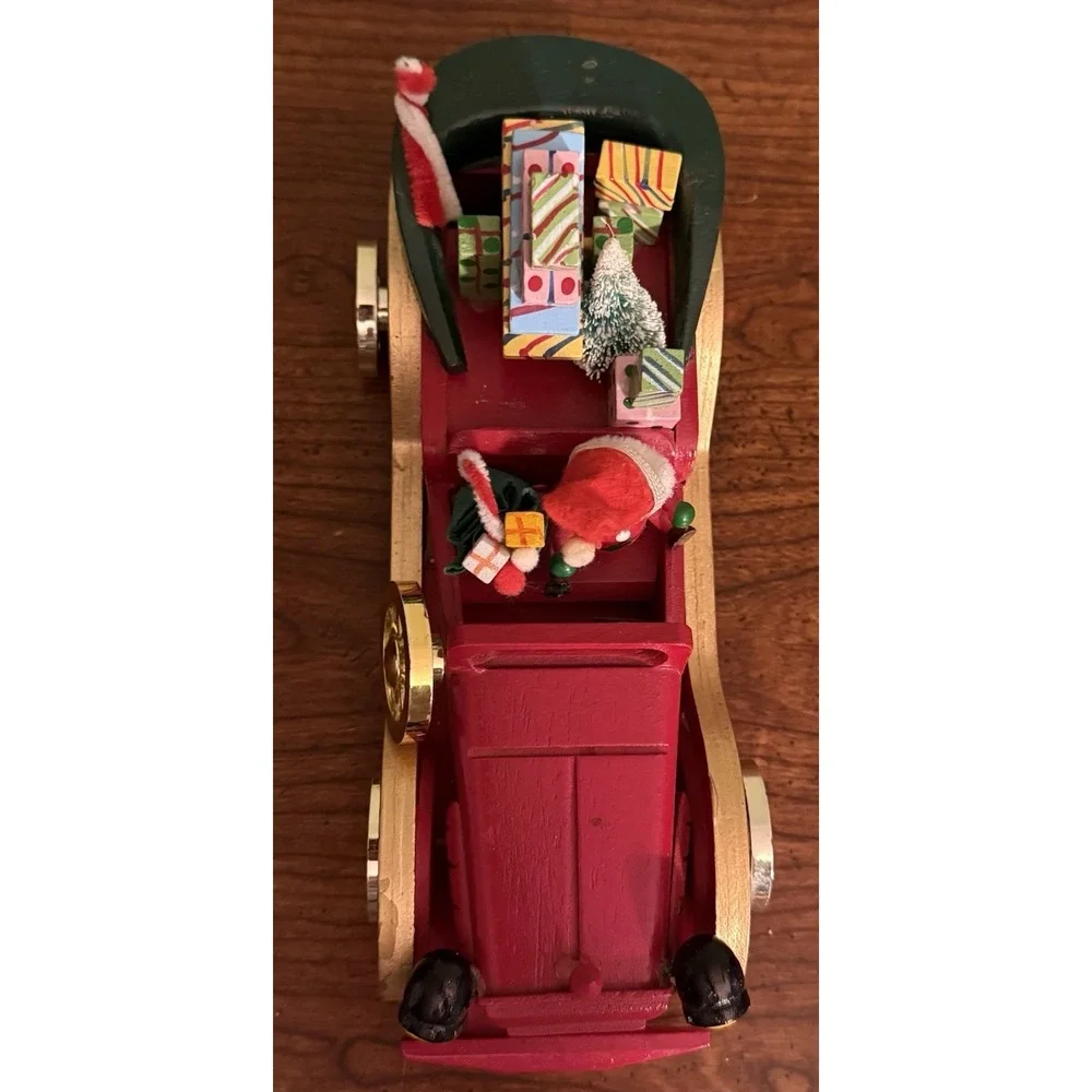Vintage Montgomery‎ Ward Hand Painted Wooden Santa Claus Driving Red Car Musical